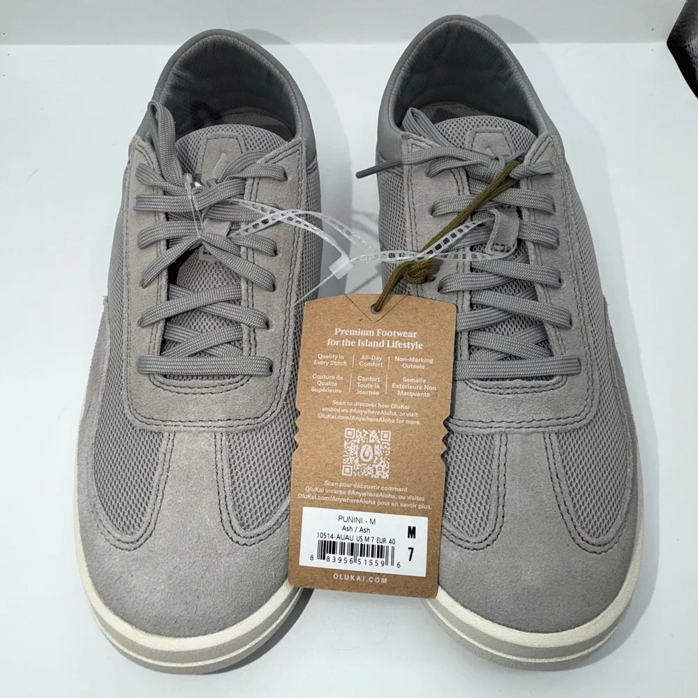 OluKai Punini Men's 7 Mesh Suede Sneakers Ash Grey Drop In Heel Slide In Comfort